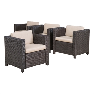 Benjara Elza Outdoor Accent Chair Set of 4- Brown Faux Rattan Wicker- Beige
