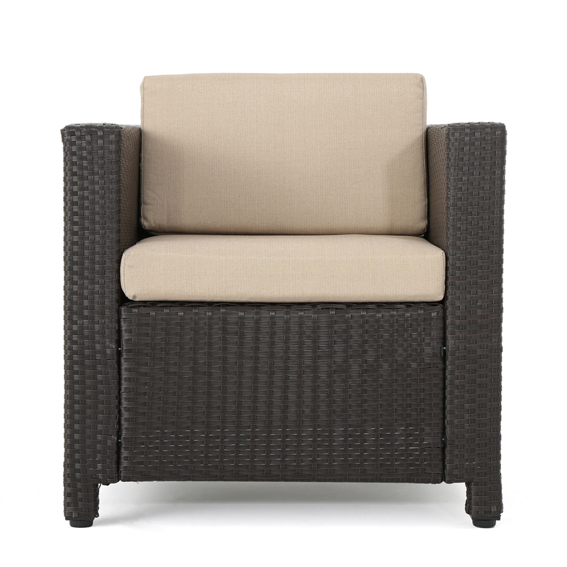 Benjara Elza Outdoor Accent Chair Set of 4- Brown Faux Rattan Wicker- Beige