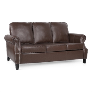 Benjara Sofa- 80&quot 3-Seater- Nailhead Trim- Birch Wood- Brown Faux Leather
