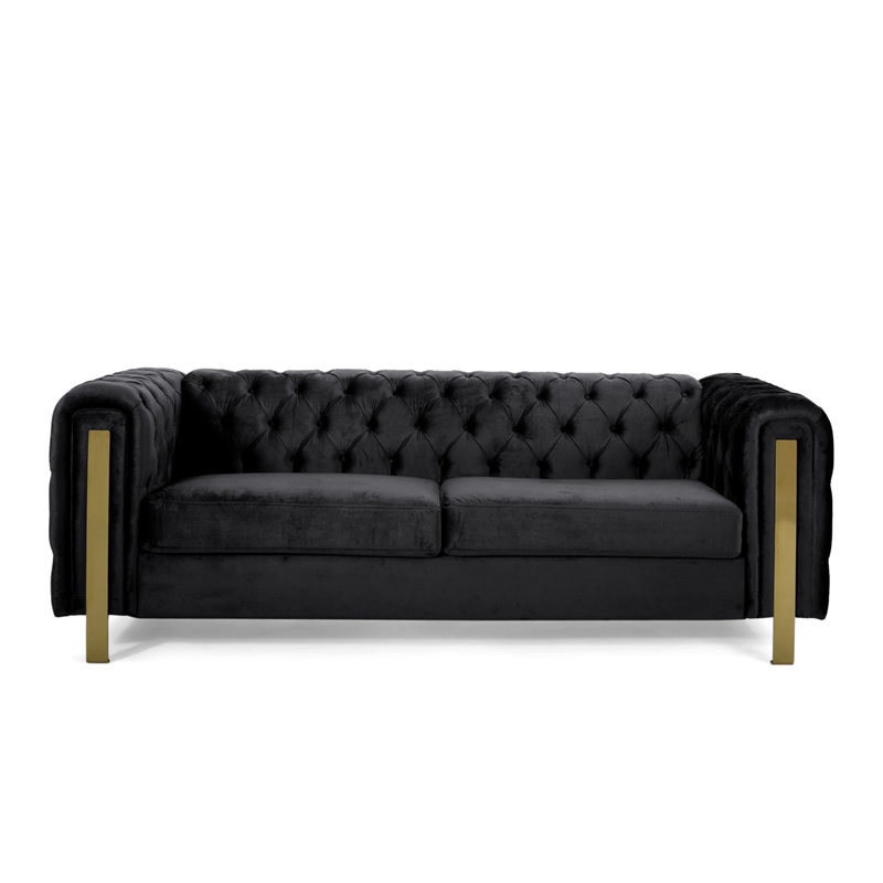 Benjara Nua Sofa- Chesterfield Tufted Black Velvet- 84 Inch- Modern Gold Legs