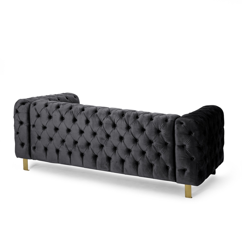 Benjara Nua Sofa- Chesterfield Tufted Black Velvet- 84 Inch- Modern Gold Legs
