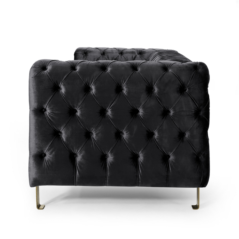 Benjara Nua Sofa- Chesterfield Tufted Black Velvet- 84 Inch- Modern Gold Legs