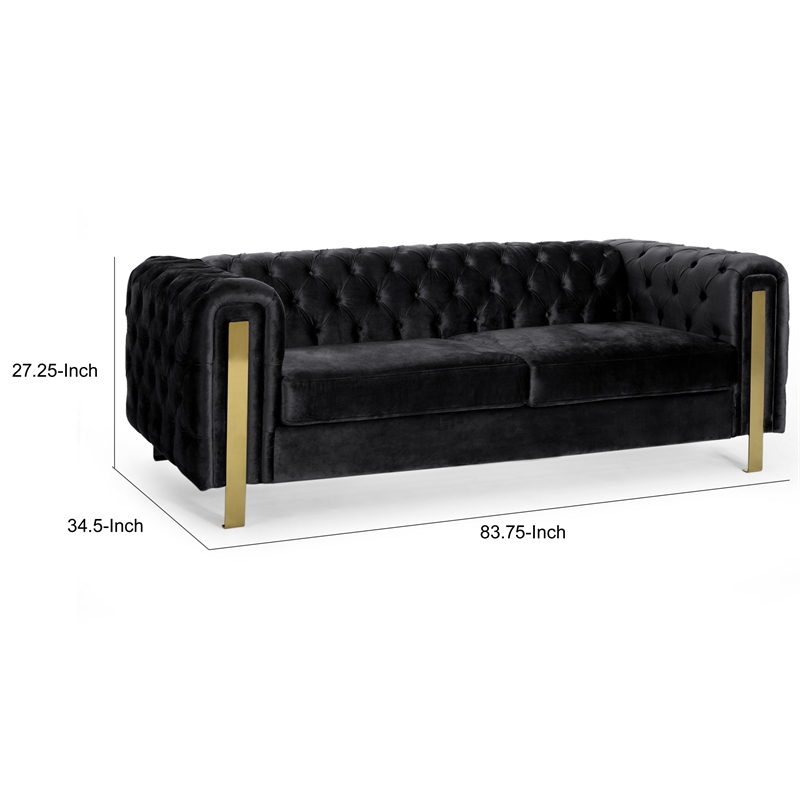 Benjara Nua Sofa- Chesterfield Tufted Black Velvet- 84 Inch- Modern Gold Legs