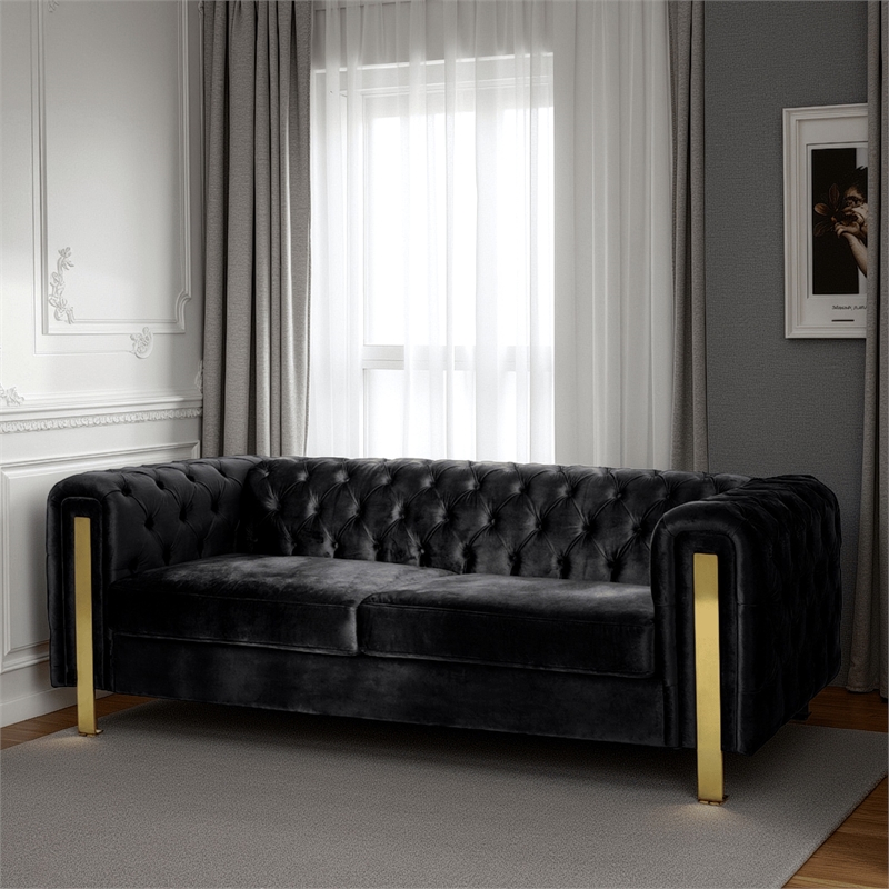 Benjara Nua Sofa- Chesterfield Tufted Black Velvet- 84 Inch- Modern Gold Legs