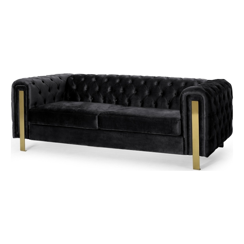 Benjara Nua Sofa- Chesterfield Tufted Black Velvet- 84 Inch- Modern Gold Legs