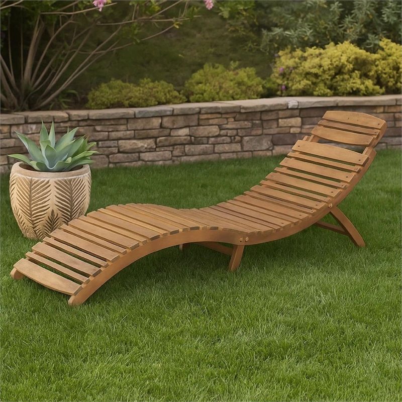 Benjara Hanie Foldable Chaise Lounger-Outdoor-Open Slatted in Brown Acacia Wood