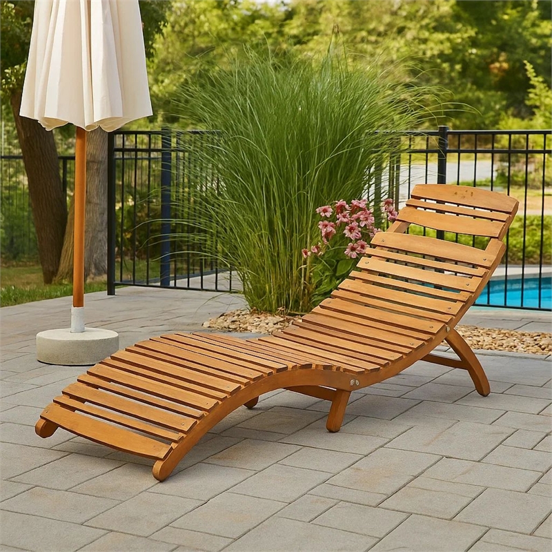 Benjara Hanie Foldable Chaise Lounger-Outdoor-Open Slatted in Brown Acacia Wood