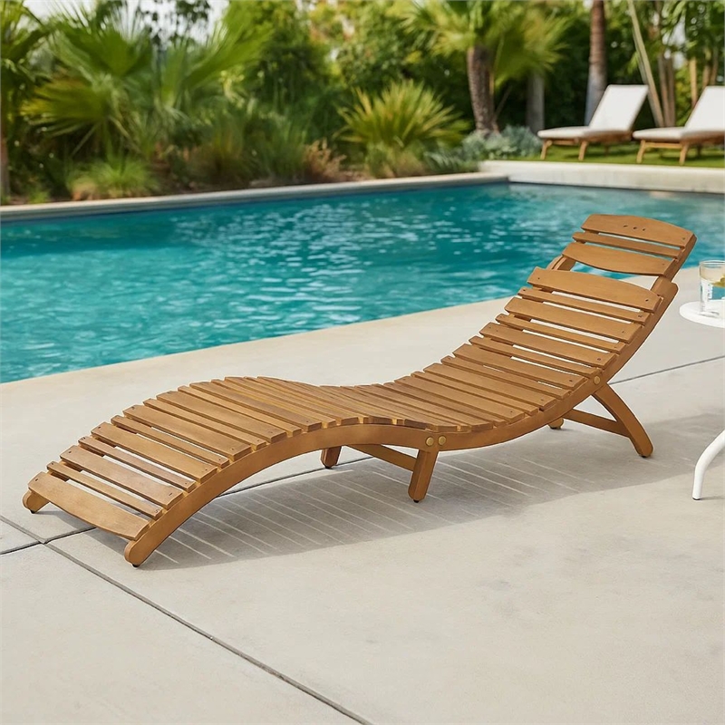 Benjara Hanie Foldable Chaise Lounger-Outdoor-Open Slatted in Brown Acacia Wood