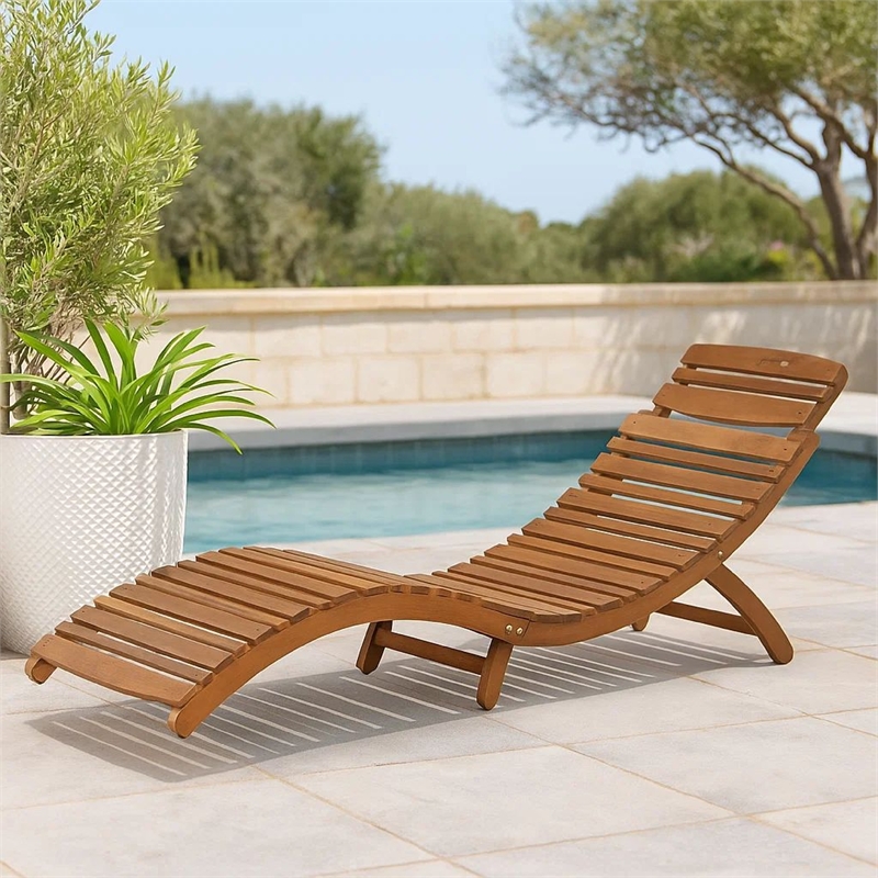 Benjara Hanie Foldable Chaise Lounger-Outdoor-Open Slatted in Brown Acacia Wood