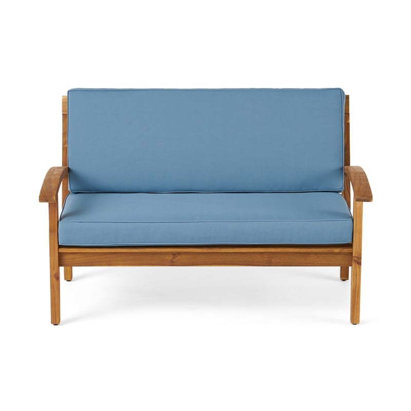 Benjara Outdoor Loveseat and Coffee Table Set- Blue Cushions- Brown Acacia Wood