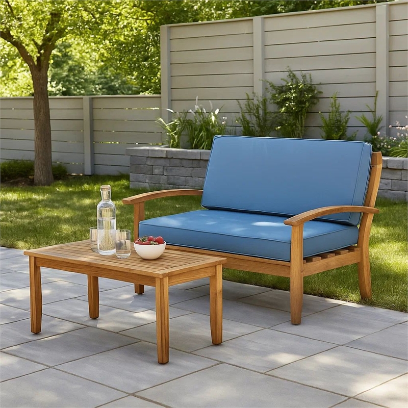 Benjara Outdoor Loveseat and Coffee Table Set- Blue Cushions- Brown Acacia Wood