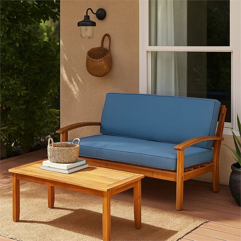 Benjara Outdoor Loveseat and Coffee Table Set- Blue Cushions- Brown Acacia Wood