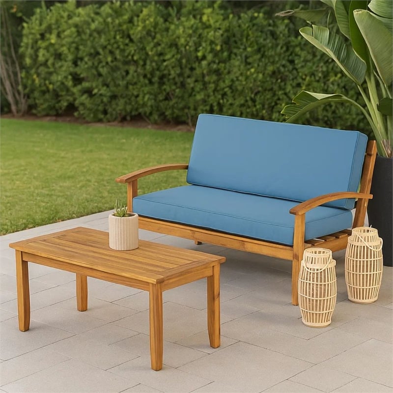 Benjara Outdoor Loveseat and Coffee Table Set- Blue Cushions- Brown Acacia Wood