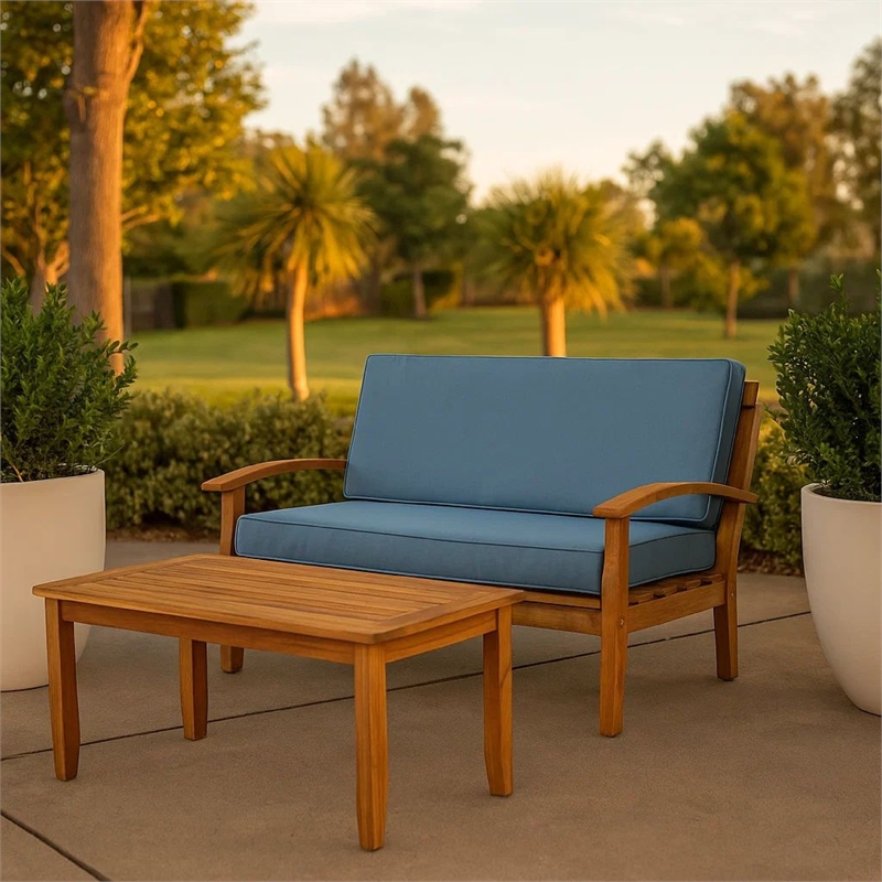 Benjara Outdoor Loveseat and Coffee Table Set- Blue Cushions- Brown Acacia Wood