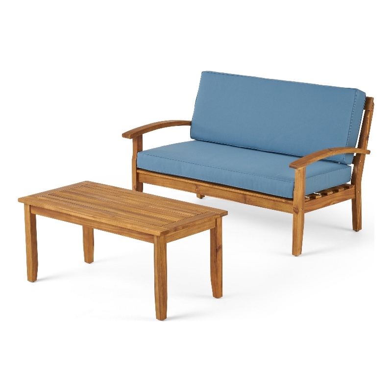 Benjara Outdoor Loveseat and Coffee Table Set- Blue Cushions- Brown Acacia Wood