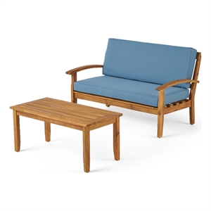 Benjara Outdoor Loveseat and Coffee Table Set- Blue Cushions- Brown Acacia Wood