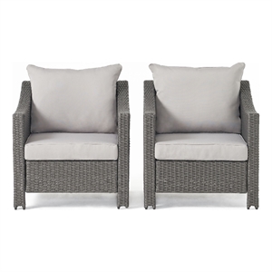 Benjara Annie Outdoor Accent Chair Set of 2- Silver- Cushions- Gray Rattan- Iron