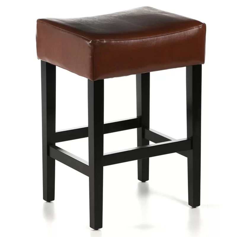 Benjara Piya Counter Stool Set of 2- Backless- Brown Bonded Leather- Black Legs
