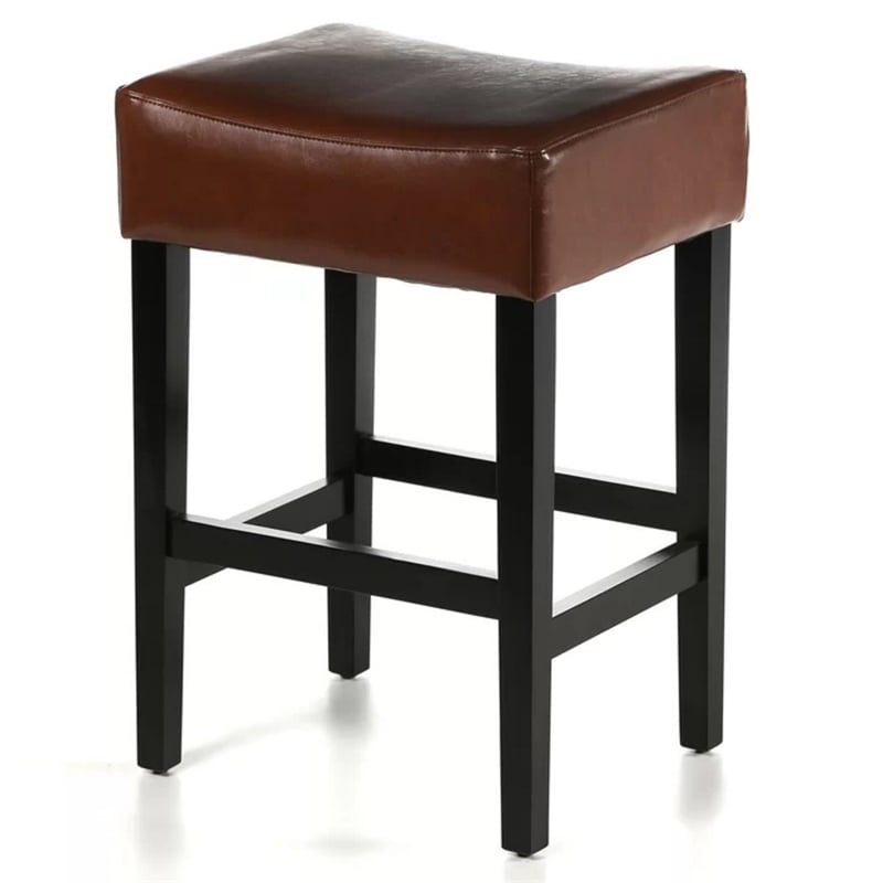 Benjara Piya Counter Stool Set of 2- Backless- Brown Bonded Leather- Black Legs