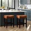 Benjara Piya Counter Stool Set of 2- Backless- Brown Bonded Leather- Black Legs