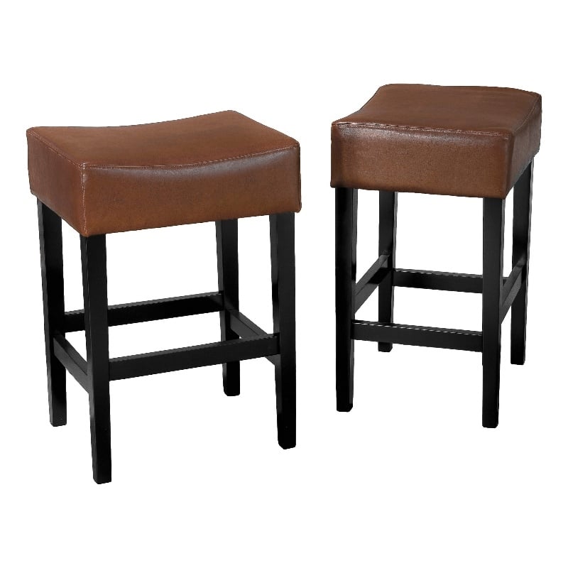 Benjara Piya Counter Stool Set of 2- Backless- Brown Bonded Leather- Black Legs
