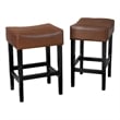 Benjara Piya Counter Stool Set of 2- Backless- Brown Bonded Leather- Black Legs