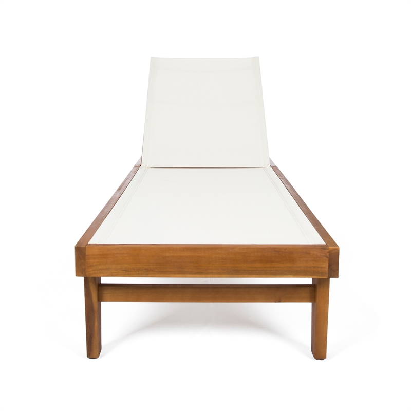 Benjara Liam Outdoor Chaise Lounger-Ergonomic White Mesh Seat-Brown Acacia Wood