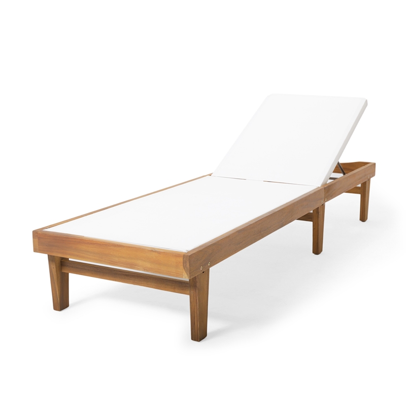 Benjara Liam Outdoor Chaise Lounger-Ergonomic White Mesh Seat-Brown Acacia Wood