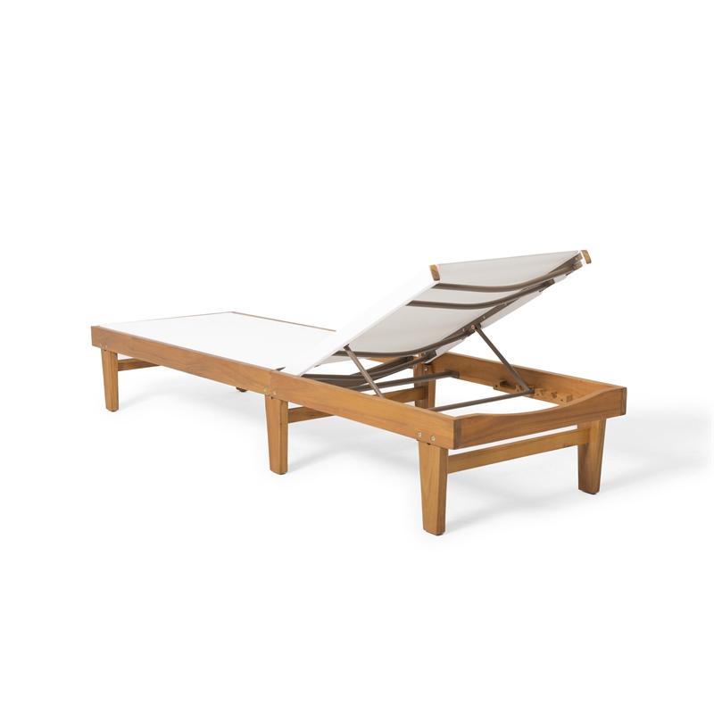 Benjara Liam Outdoor Chaise Lounger-Ergonomic White Mesh Seat-Brown Acacia Wood