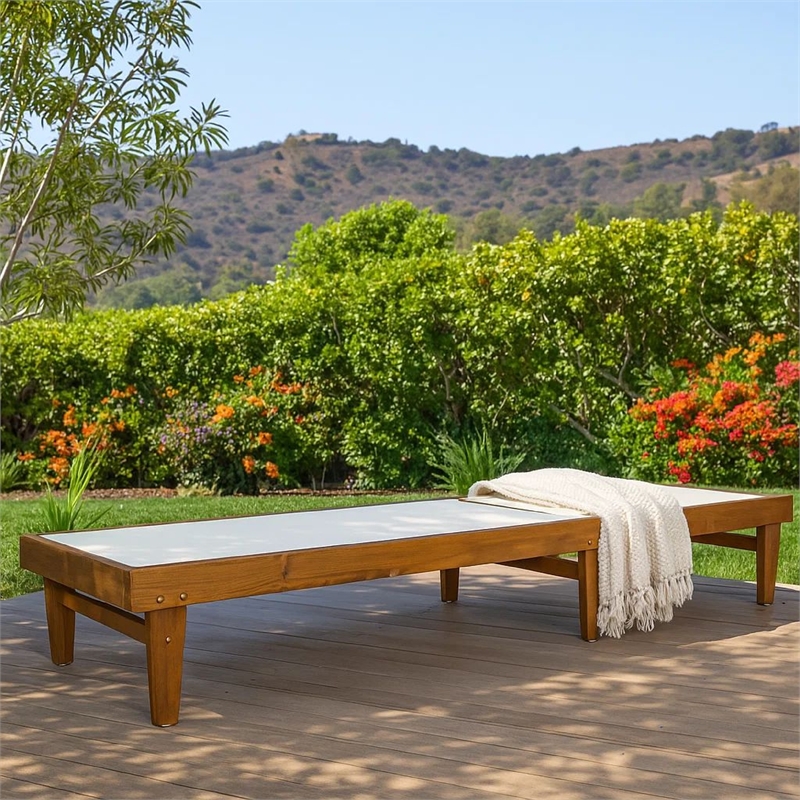 Benjara Liam Outdoor Chaise Lounger-Ergonomic White Mesh Seat-Brown Acacia Wood