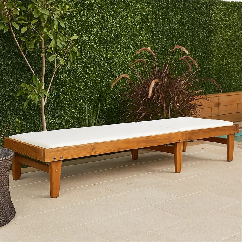 Benjara Liam Outdoor Chaise Lounger-Ergonomic White Mesh Seat-Brown Acacia Wood