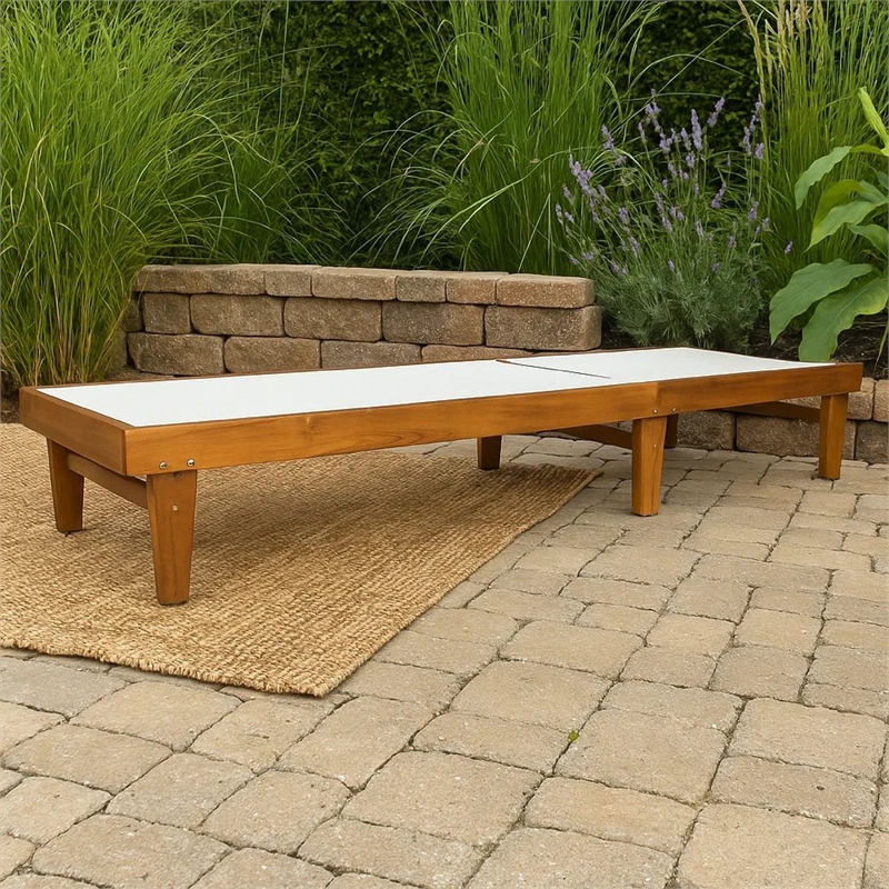 Benjara Liam Outdoor Chaise Lounger-Ergonomic White Mesh Seat-Brown Acacia Wood