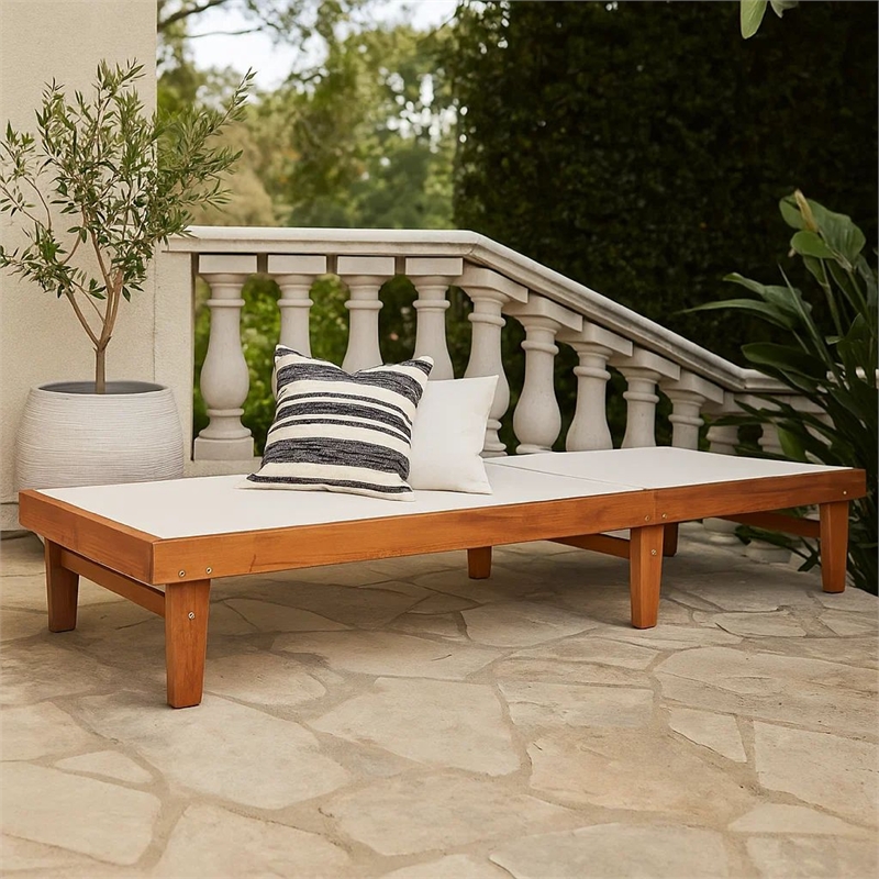 Benjara Liam Outdoor Chaise Lounger-Ergonomic White Mesh Seat-Brown Acacia Wood