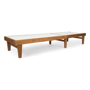 Benjara Liam Outdoor Chaise Lounger-Ergonomic White Mesh Seat-Brown Acacia Wood