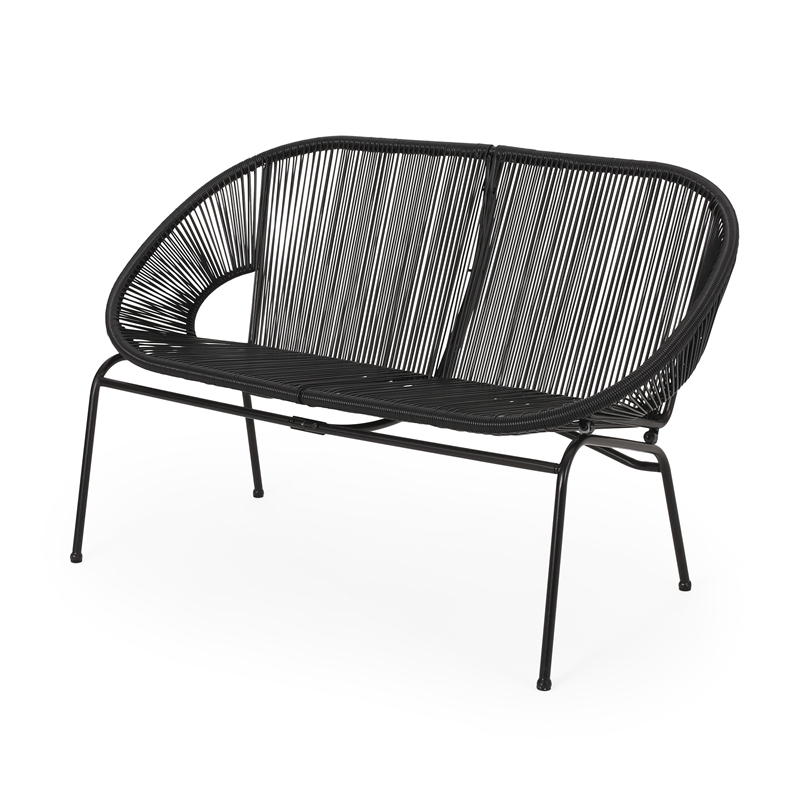Benjara Remma Loveseat- Outdoor Rattan- Basket Woven- Black Iron Frame- 52 Inch