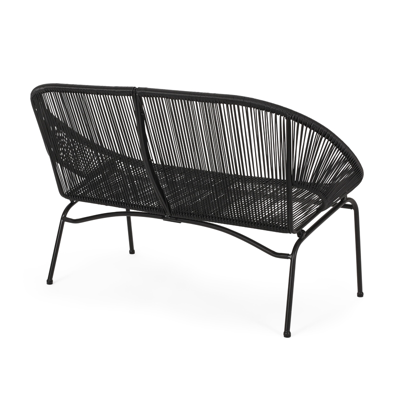 Benjara Remma Loveseat- Outdoor Rattan- Basket Woven- Black Iron Frame- 52 Inch
