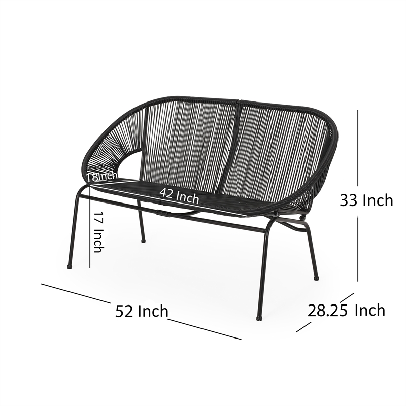 Benjara Remma Loveseat- Outdoor Rattan- Basket Woven- Black Iron Frame- 52 Inch