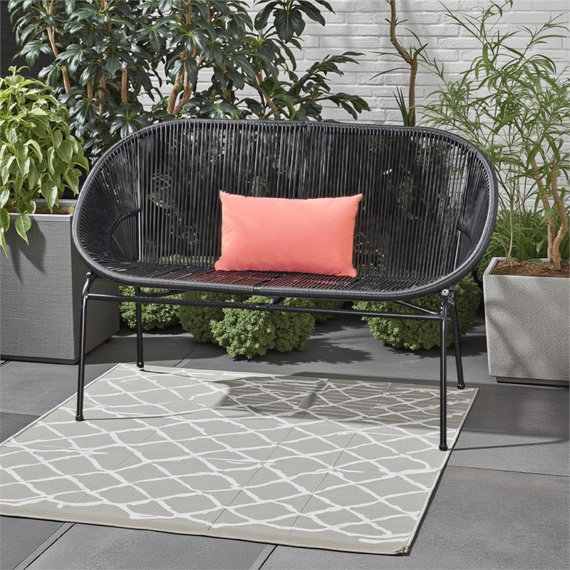 Benjara Remma Loveseat- Outdoor Rattan- Basket Woven- Black Iron Frame- 52 Inch