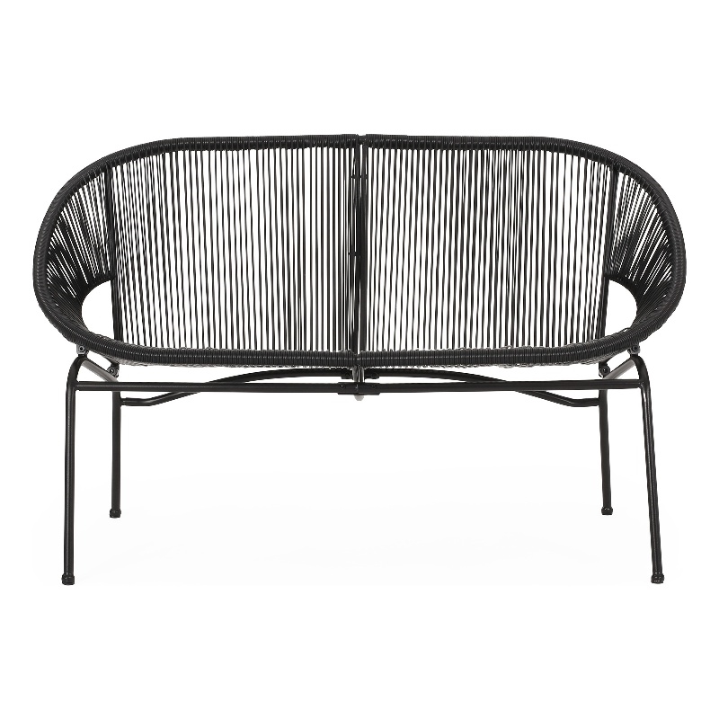 Benjara Remma Loveseat- Outdoor Rattan- Basket Woven- Black Iron Frame- 52 Inch