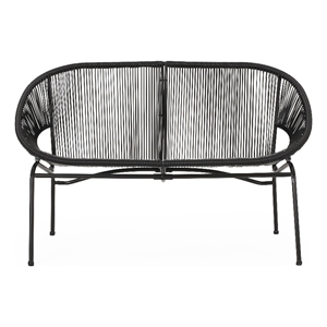 Benjara Remma Loveseat- Outdoor Rattan- Basket Woven- Black Iron Frame- 52 Inch