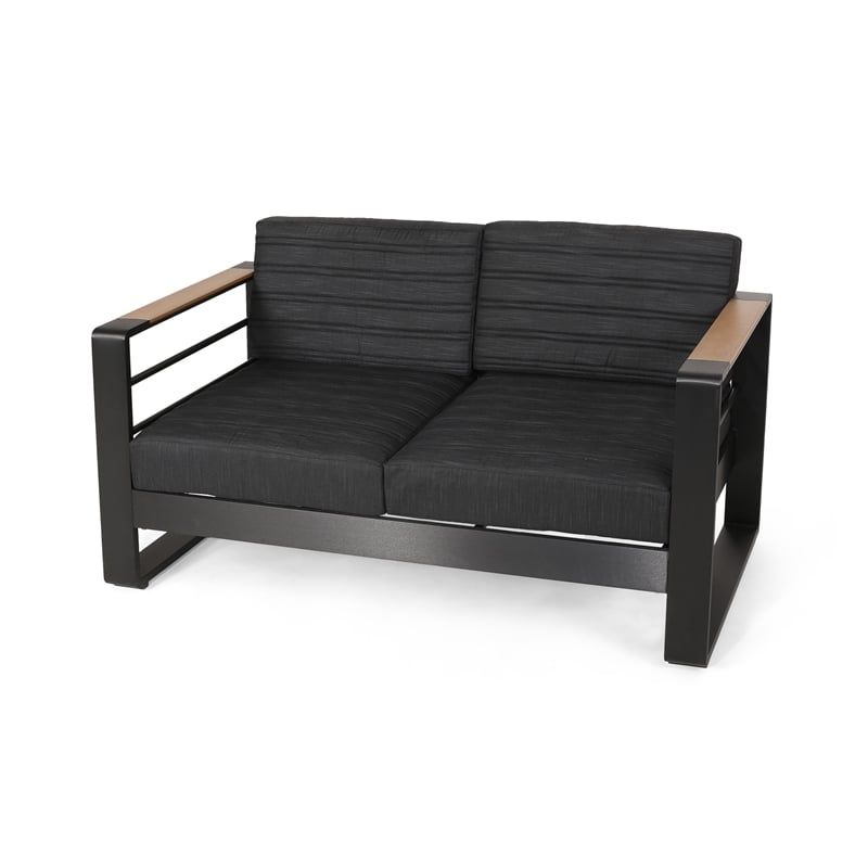 Benjara Vinia Loveseat- Outdoor Dark Gray Polyester- Wood Accents- Black- 57