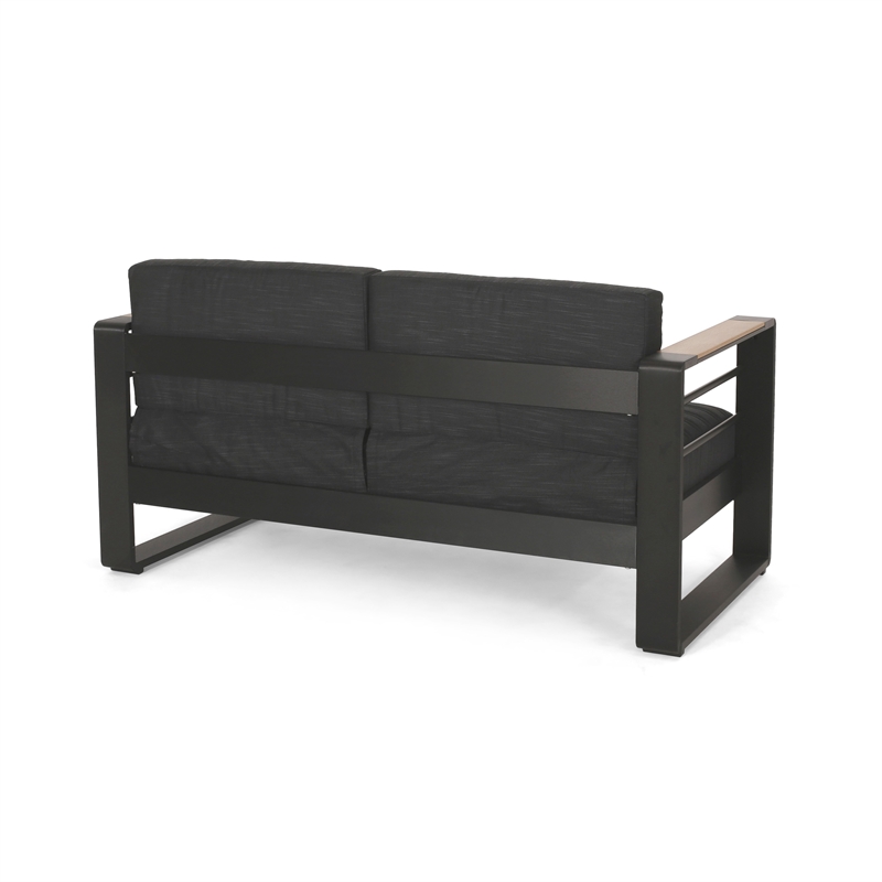 Benjara Vinia Loveseat- Outdoor Dark Gray Polyester- Wood Accents- Black- 57