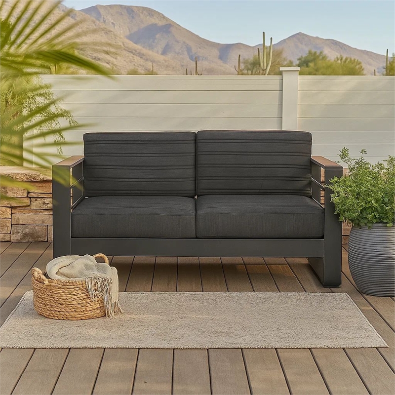 Benjara Vinia Loveseat- Outdoor Dark Gray Polyester- Wood Accents- Black- 57