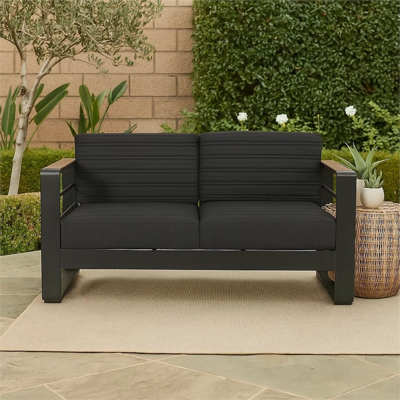 Benjara Vinia Loveseat- Outdoor Dark Gray Polyester- Wood Accents- Black- 57