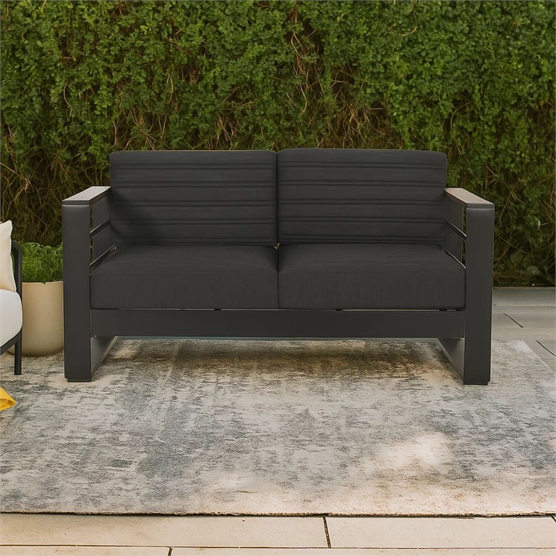 Benjara Vinia Loveseat- Outdoor Dark Gray Polyester- Wood Accents- Black- 57