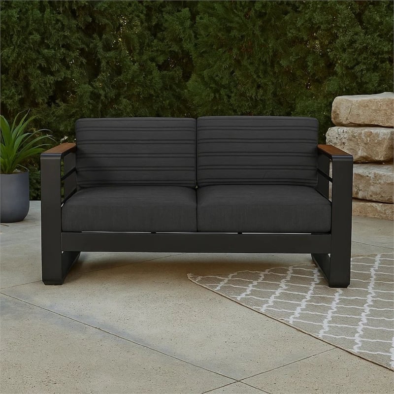 Benjara Vinia Loveseat- Outdoor Dark Gray Polyester- Wood Accents- Black- 57