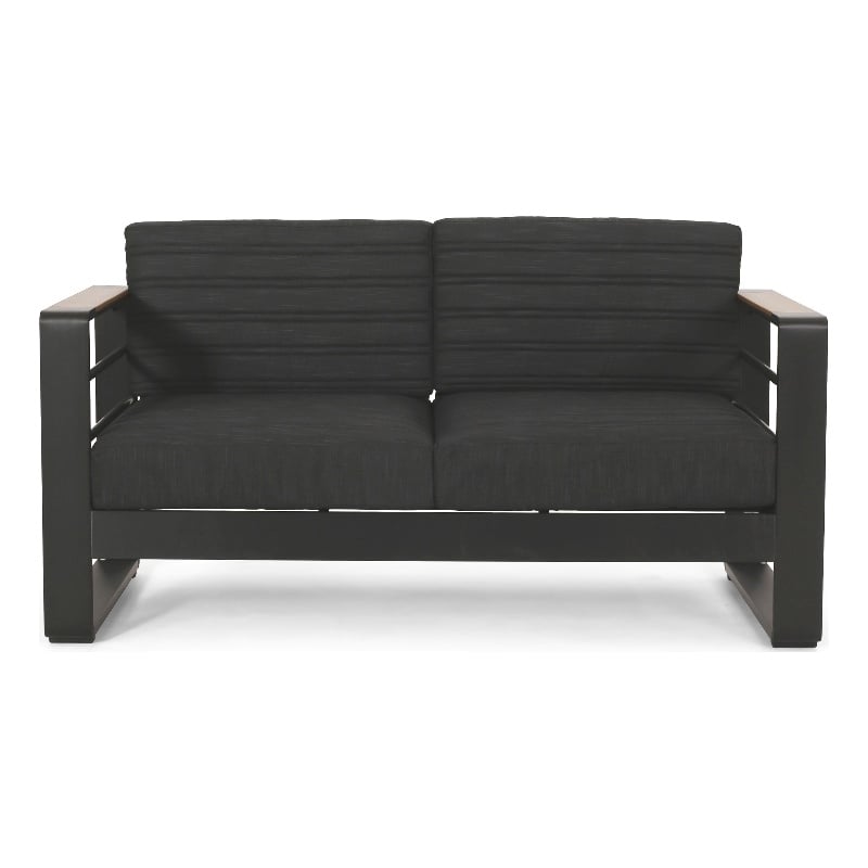 Benjara Vinia Loveseat- Outdoor Dark Gray Polyester- Wood Accents- Black- 57