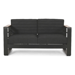Benjara Vinia Loveseat- Outdoor Dark Gray Polyester- Wood Accents- Black- 57&quot