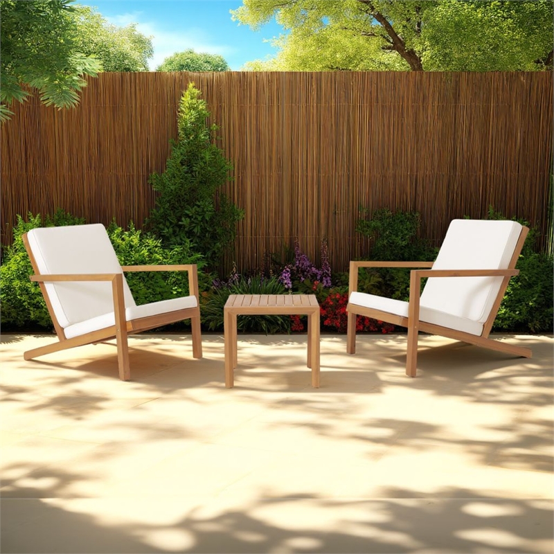 Benjara Liah Outdoor Patio Table Set-2 Chairs-Brown Acacia Wood-Cream Polyester