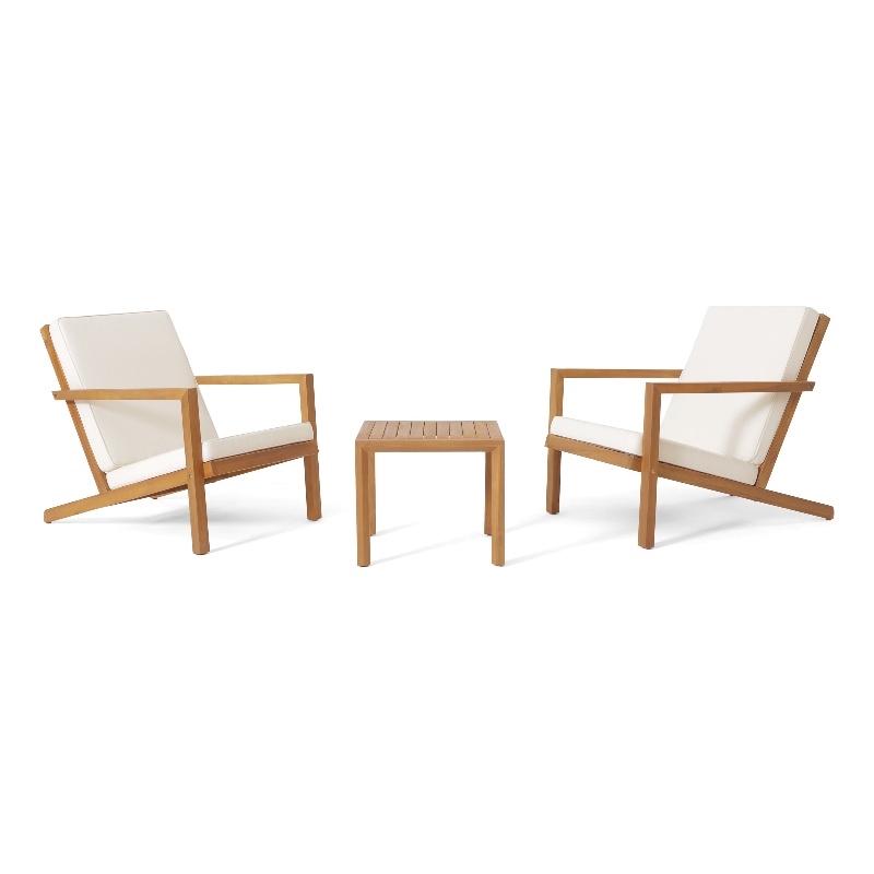 Benjara Liah Outdoor Patio Table Set-2 Chairs-Brown Acacia Wood-Cream Polyester